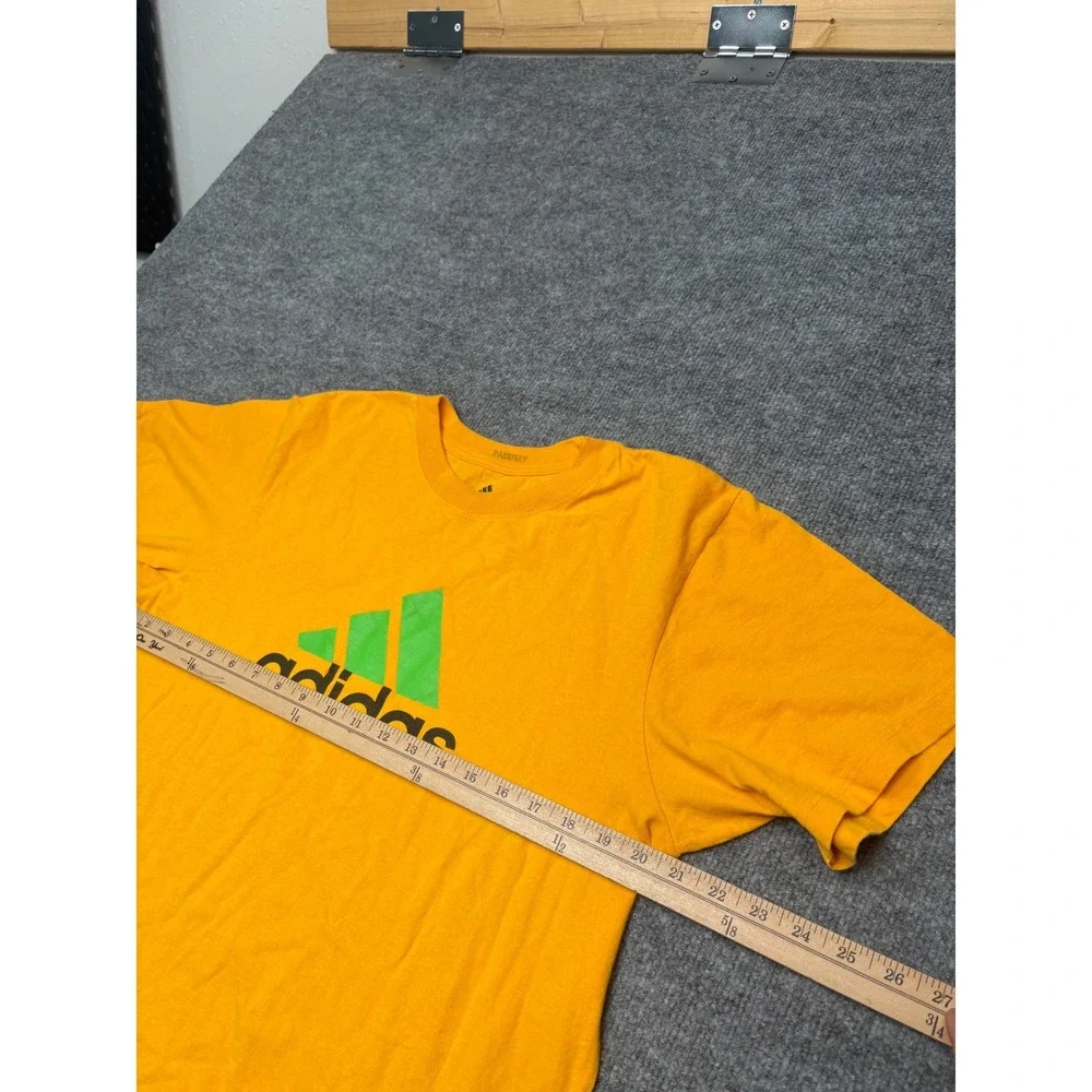 Adidas Mens Large Orange‎ Graphic T-Shirt Green Logo Short Sleeve Cotton Tee